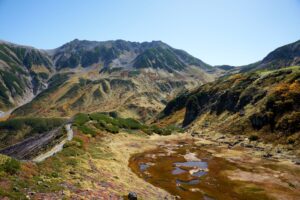 立山の山肌を背景に、湿原が草紅葉で赤や黄色に染まり、秋の彩りが広がっている