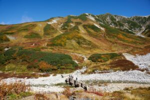 紅葉に彩られた雷鳥沢の山肌を背景に、石橋を渡り別山へと向かう登山者たち