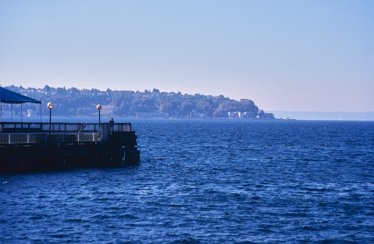 曇り空の下、穏やかなレイクパウエルの湖面を広く見渡す風景